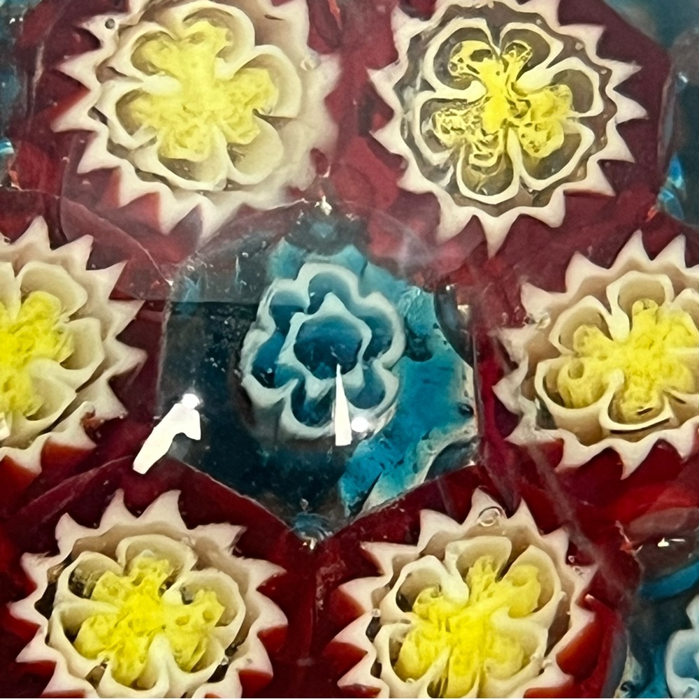 Small Vintage Art Glass Millefiori Murano Style Paperweight Red Blue Yellow - Picture 6 of 14